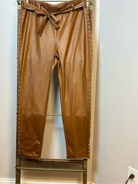 Faux Leather Tie-Waist Pants with Side Studs - Cognac (174)